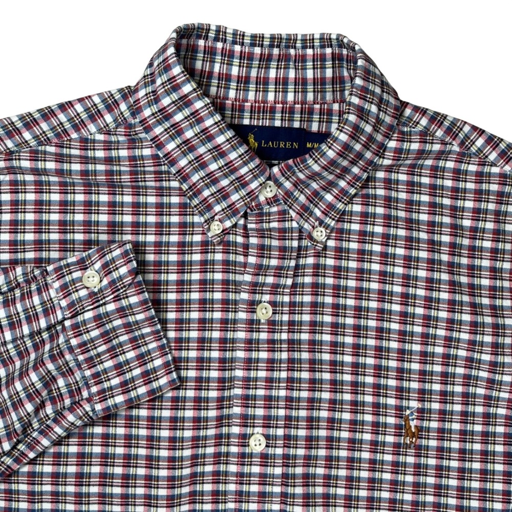 Polo Ralph Lauren Button Down Shirt Men Medium Red Navy Plaid Custom Fit Preppy